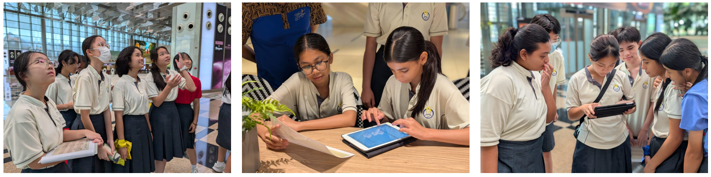 Three photos of students in uniform exploring an indoor venue, looking up, using a tablet, and gathering around a device.